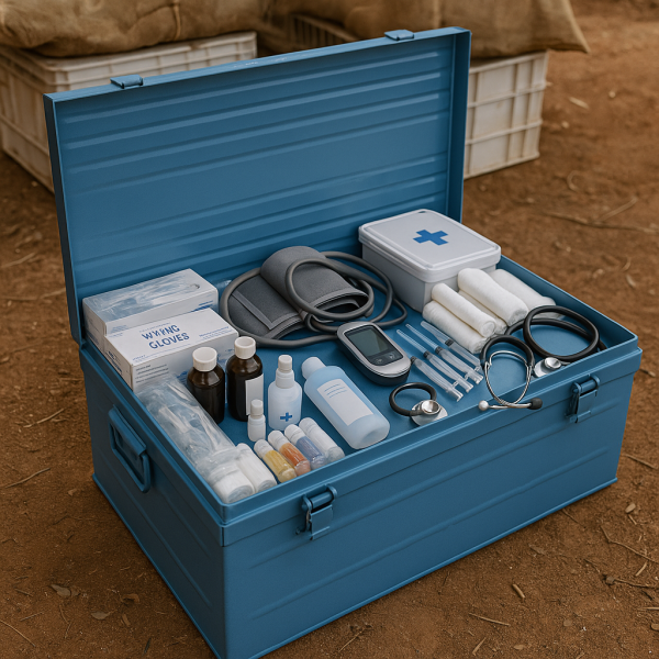 Coffre métallique renforcé pour transport humanitaire entre Toulouse et Dakar.
